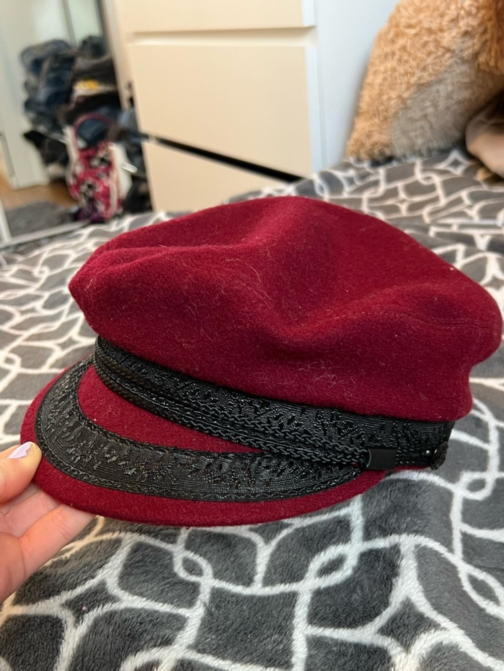 Y2K Burgundy Wool-Blend Baker Cap with Black Trim